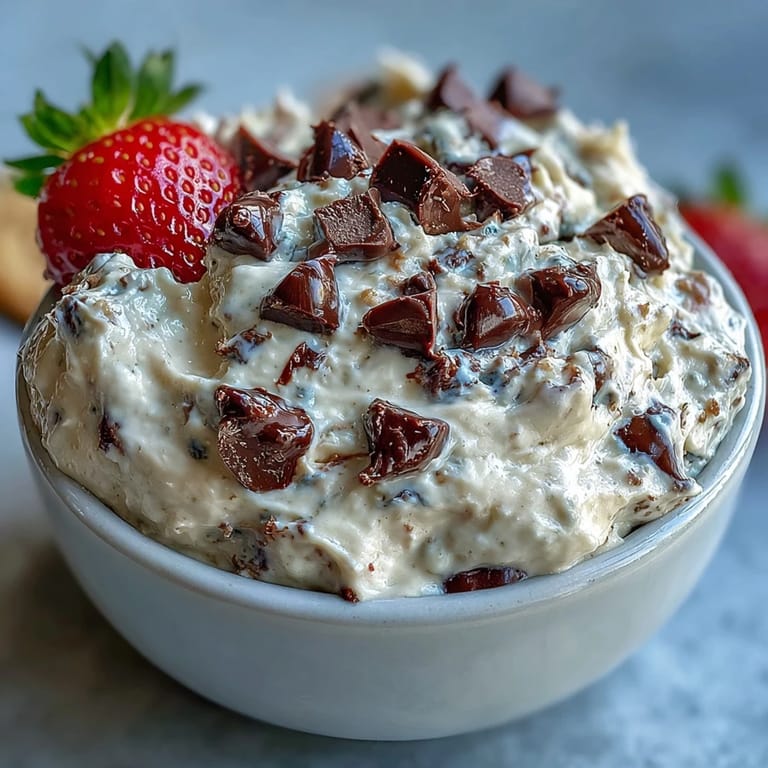A healthy dessert dip blending cottage cheese, almond butter, and chocolate chips, perfect for fruit platters or snack boards.  