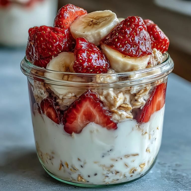 Naturally sweet strawberry banana overnight oats with chia seeds, perfect for an easy, make-ahead breakfast in a jar.