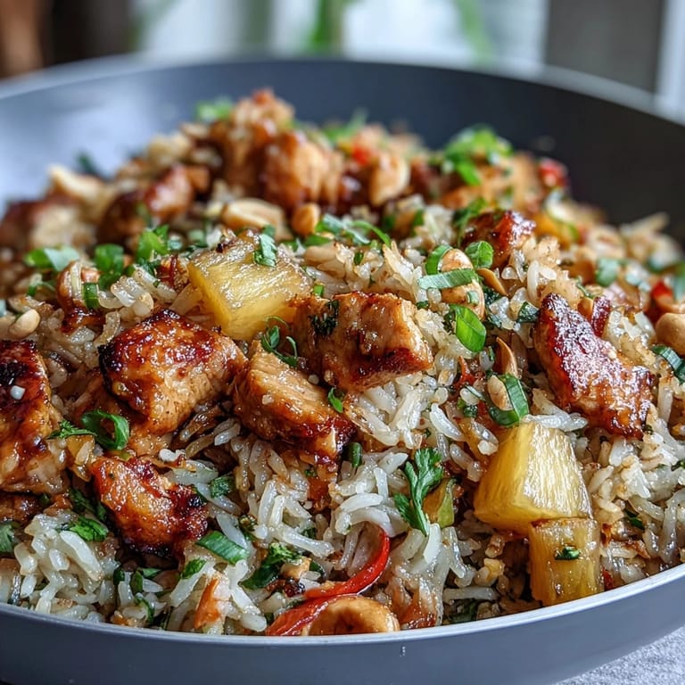 Aromatic Hawaiian pineapple chicken fried rice served in a pineapple boat, topped with green onions and crunchy roasted nuts.