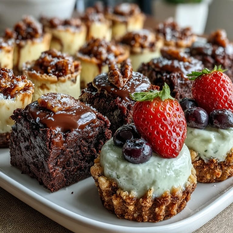 Delightful assortment of mini treats for a housewarming, featuring fudgy brownie bites, creamy lemon cheesecake, and vibrant berry-topped tartlets.