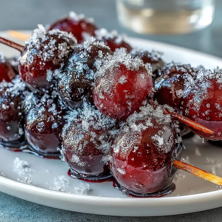 Juicy grapes threaded on skewers, rolled in tangy lime sugar, and frozen for a frosty treat.  