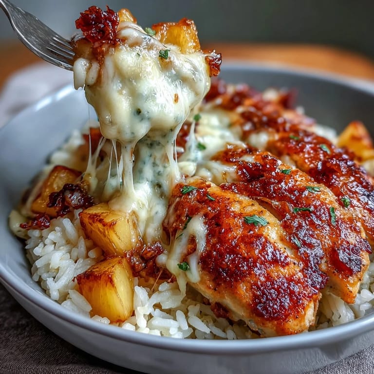 Savory chicken and sweet pineapple baked casserole with fluffy rice, topped with gooey, melted cheddar cheese.  