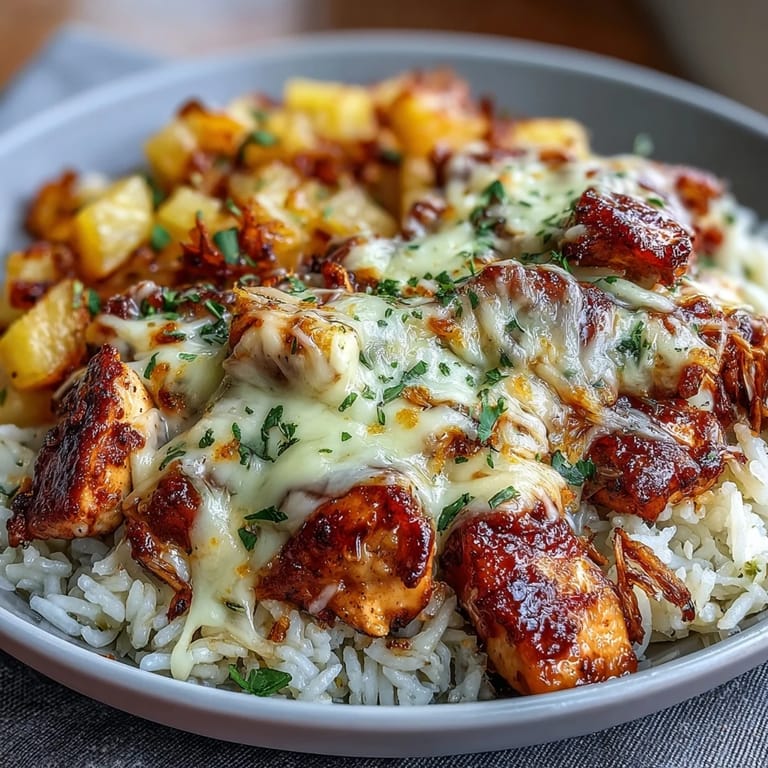 Cheesy pineapple chicken and rice bake with tender chicken, juicy fruit, and a golden, bubbly cheese crust.