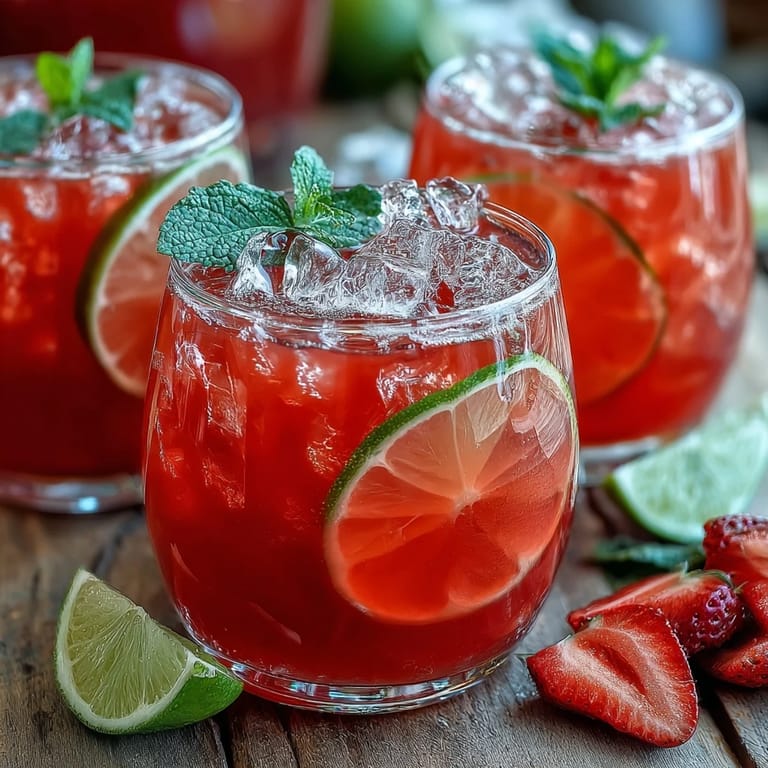 Vibrant pink lemonade punch served over ice with fresh lemon, lime, and strawberry slices for a festive look.  