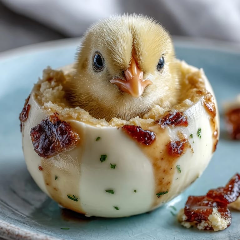 Creative deviled egg chicks with fluffy yellow filling, perched on a platter for a fun Easter treat.