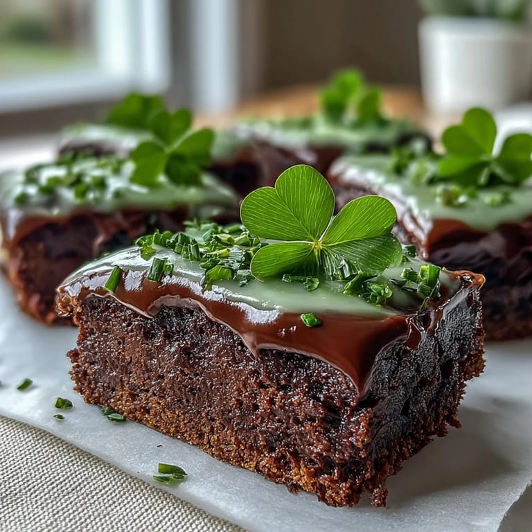 Festive chocolate shamrock brownies topped with creamy green icing and sprinkles, ideal for St. Patricks Day dessert tables.