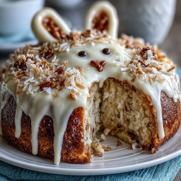 Sparkling Easter bunny cake featuring moist vanilla layers, buttercream frosting, and edible gold sprinkles for a magical holiday centerpiece.  