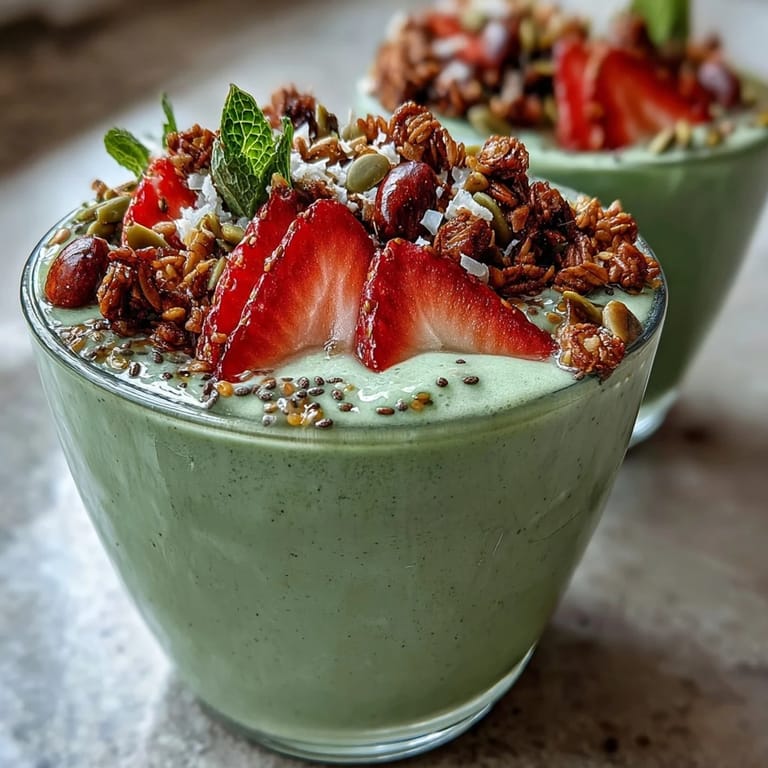 Creamy frozen strawberries and matcha blend into a refreshing smoothie base, garnished with chia seeds and pumpkin seeds for added texture.  