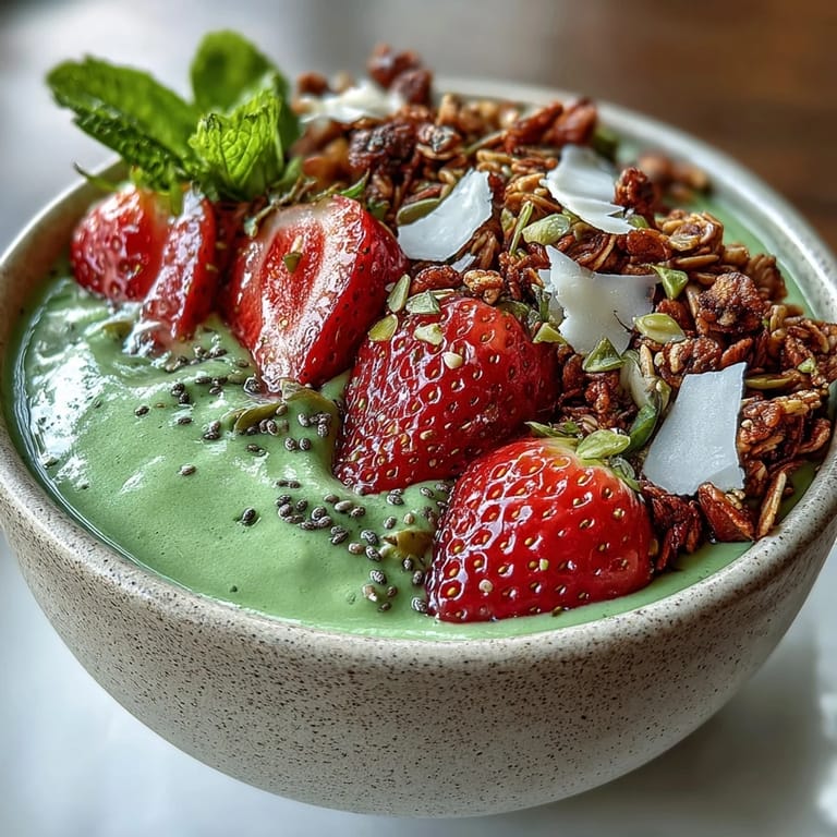 This colorful strawberry matcha latte bowl features sliced strawberries, crunchy granola, and a sprinkle of coconut, perfect for a healthy snack.