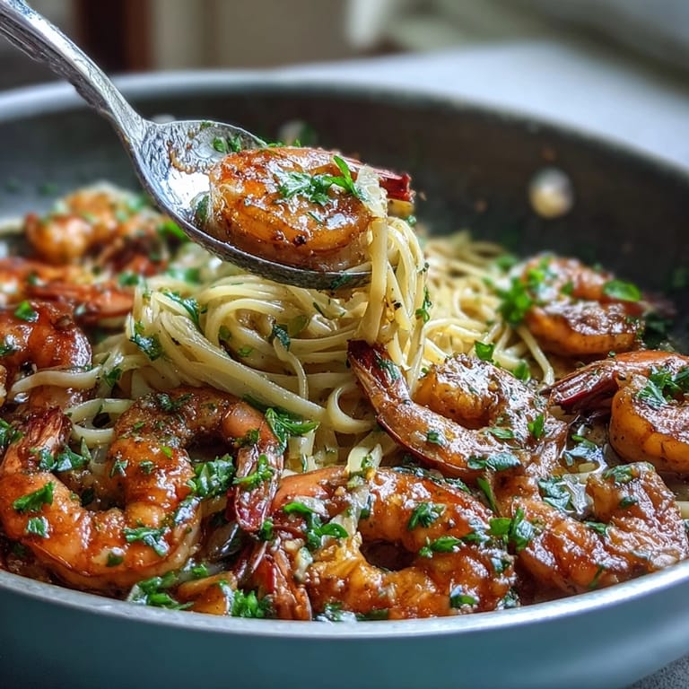 A comforting one-pot meal of One-Pot Garlic Shrimp with Angel Hair, finished with a sprinkle of Parmesan and served with lemon wedges.