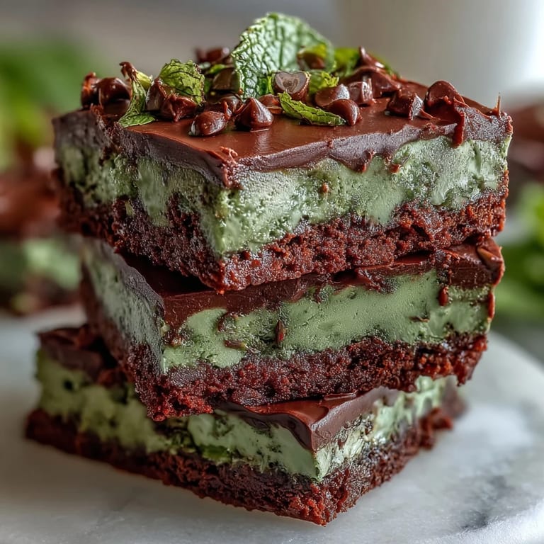 Bite-sized chocolate mint brownies topped with extra chips, offering a festive St. Patricks Day treat for any gathering.