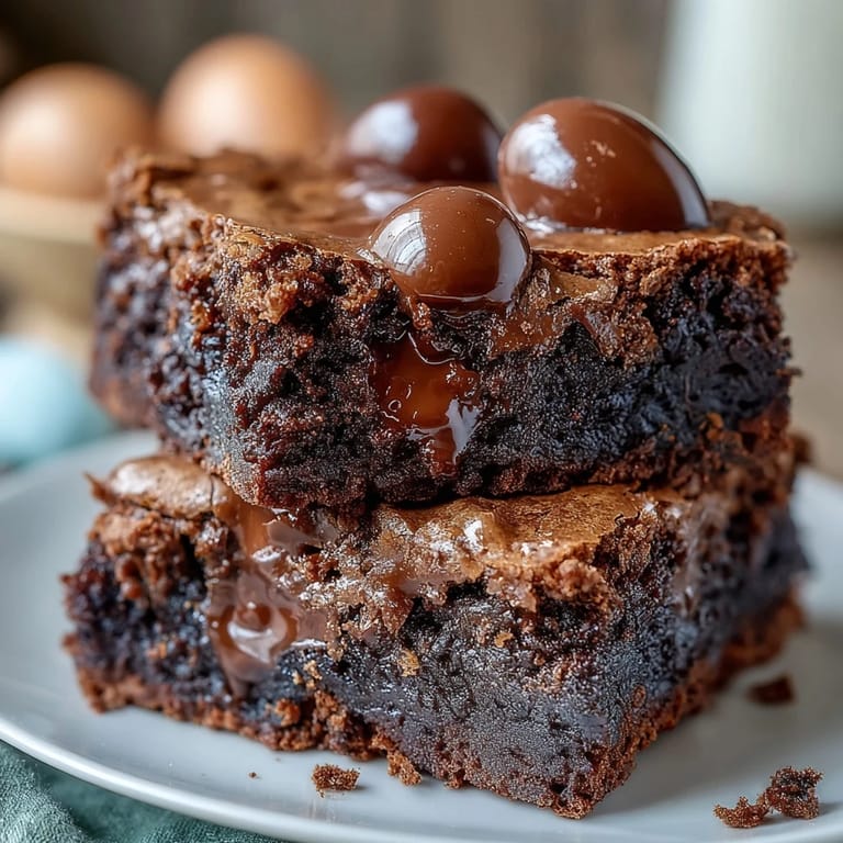 Cadbury Egg Chocolate Brownies with Crumbled Top: Rich dark chocolate brownies baked with Cadbury mini eggs, topped with a buttery cocoa crumble for extra indulgence.
