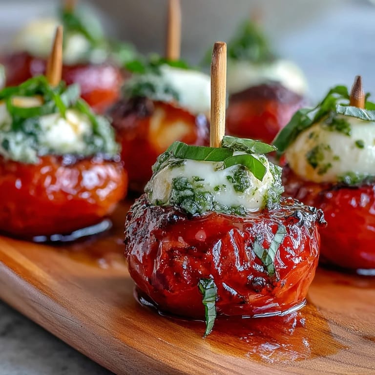 Colorful Caprese skewers with juicy tomatoes, creamy mozzarella, and fragrant basil, topped with a zesty pesto drizzle for summer parties.  