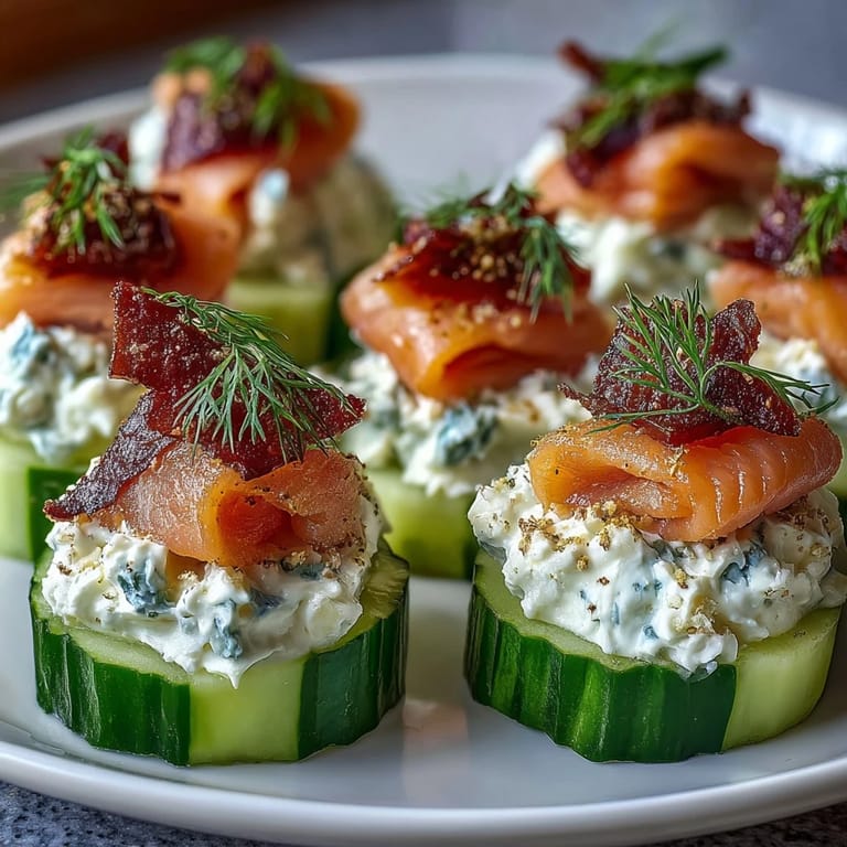 Elegant smoked salmon and cream cheese cucumber bites, perfect for summer parties or as a light, gluten-free appetizer.