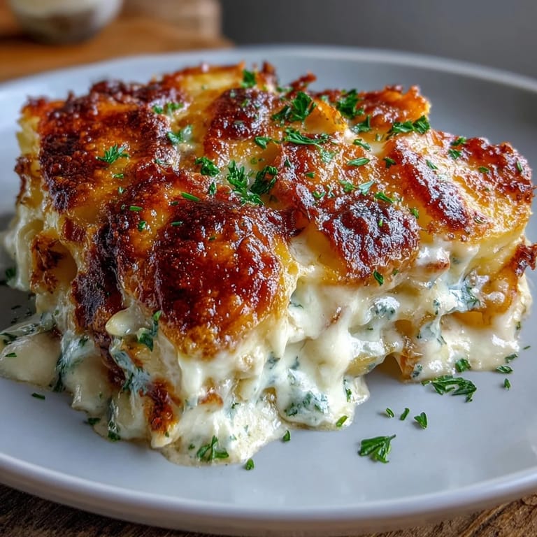 Layers of Yukon Gold potatoes baked in rich garlic cream sauce, topped with melted Gruyère and Parmesan cheese for ultimate comfort food.