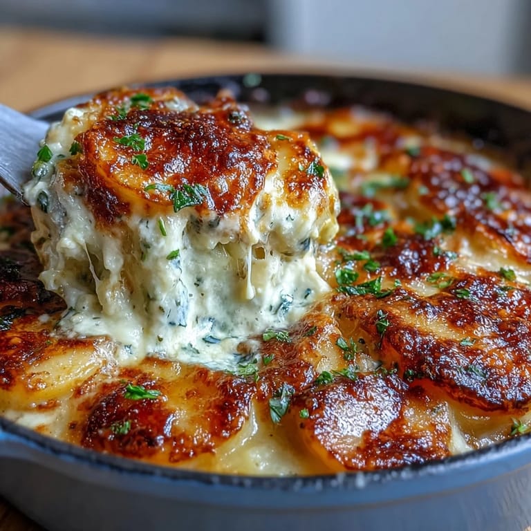 Decadent French-inspired side dish featuring thinly sliced potatoes smothered in creamy sauce and crowned with golden, crispy cheese crust.