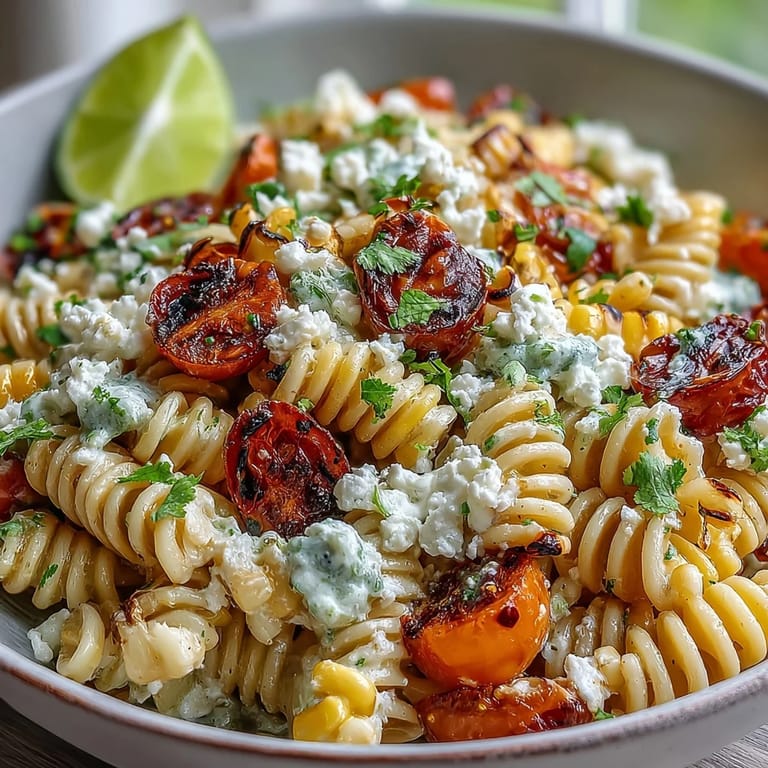 Creamy, zesty Mexican Street Corn Elote Pasta Salad with smoky charred corn and fresh cilantro.