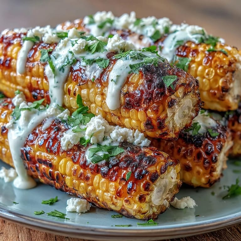 Sweet, smoky grilled corn with tangy mayo-sour cream sauce, fresh cilantro, and crumbled cheese.