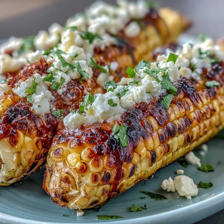 Charred grilled corn elote, brushed with zesty sauce, sprinkled with Cotija, and served with lime.