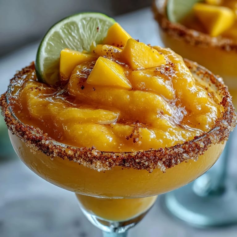Non-alcoholic frozen mango margarita mocktail with Tajín rim, garnished with lime wedge and tropical fruit slices.