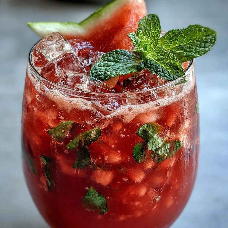 Chilled watermelon lemonade infused with bright lemon and cool mint, served over ice with a slice of watermelon on the rim.