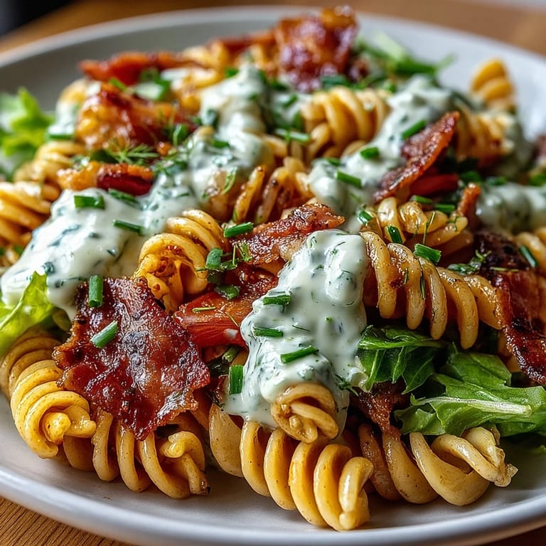 A hearty bowl of BLT pasta salad featuring fresh lettuce, cherry tomatoes, and a rich avocado ranch dressing for a refreshing meal.  