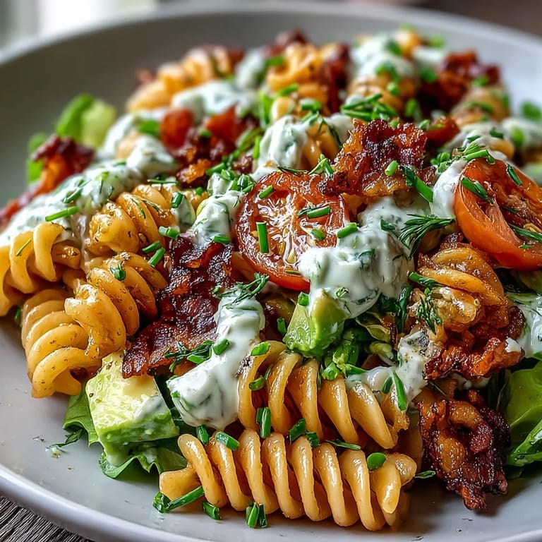 Avocado ranch BLT pasta salad with crispy bacon, bright vegetables, and a smooth dressing, ideal for picnics or light dinners.