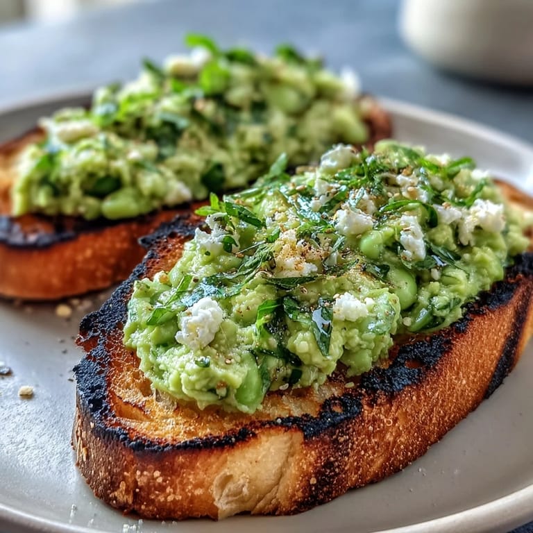 Creamy mashed fava beans with mint and lemon zest served on smoky, charred sourdough bread.  