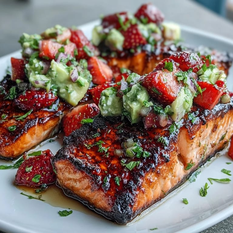 Succulent grilled salmon fillets topped with a colorful strawberry avocado salsa, perfect for light summer dining and healthy eating.