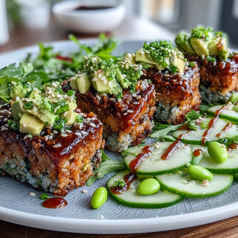 A vibrant bowl of crispy rice topped with creamy avocado, spicy tuna, and crunchy vegetables, drizzled with zesty sesame-ginger dressing.