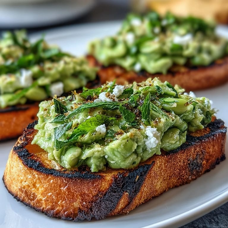 Spring appetizer of fresh fava beans and mint piled high on golden grilled sourdough slices.