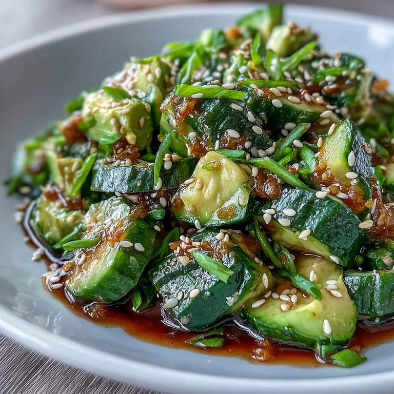 A vibrant, Asian-inspired cucumber and avocado salad with sesame oil, rice vinegar, and fresh herbs for a light side dish.