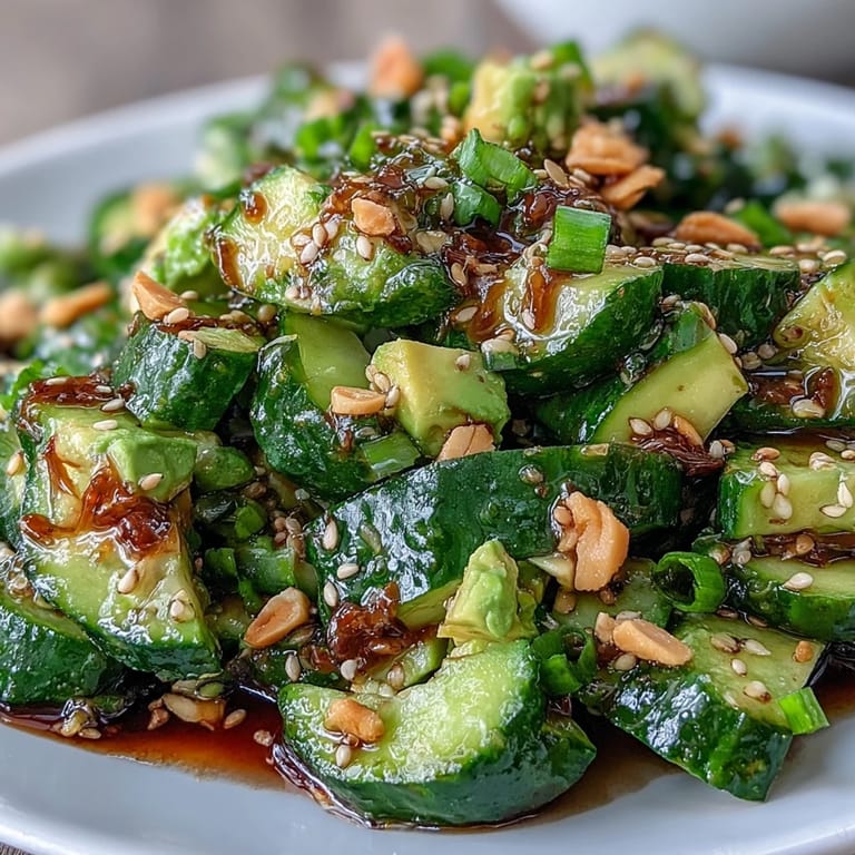 Creamy avocado cubes and crisp smashed cucumbers tossed in a nutty sesame dressing for a refreshing vegan salad.  