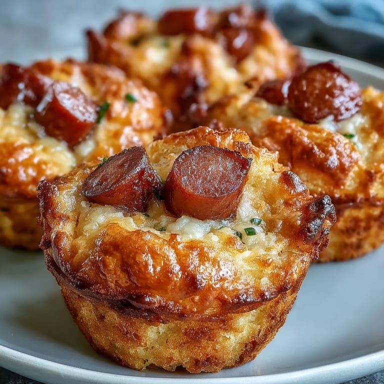 Savory mini corn dog muffins featuring juicy hot dog bites baked golden.