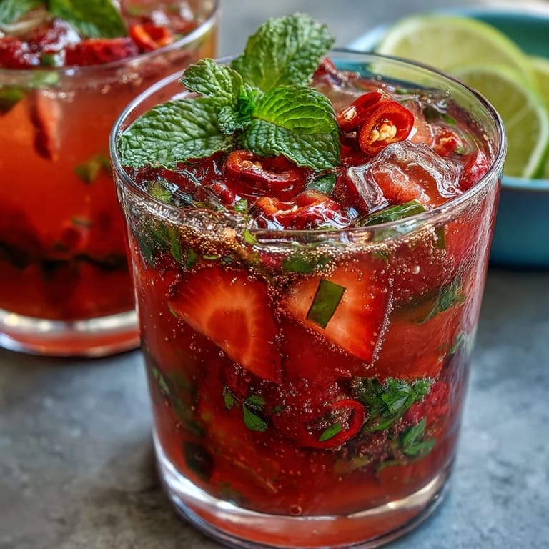 A colorful, sweet, and spicy strawberry chili limeade mocktail served in glasses.