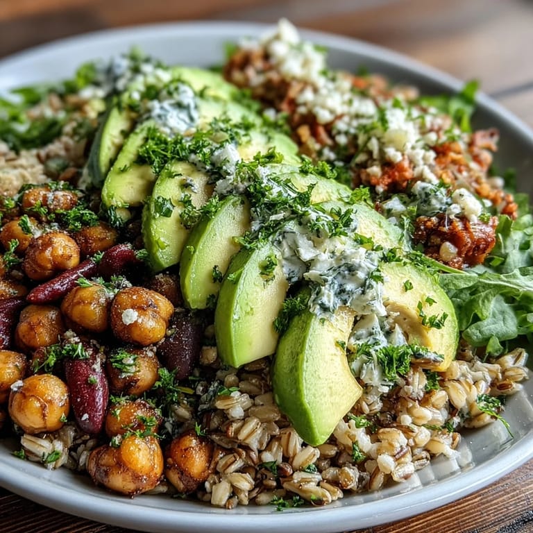 Hearty Ancient Grains Bowl overflowing with fresh, colorful vegetables and creamy avocado.