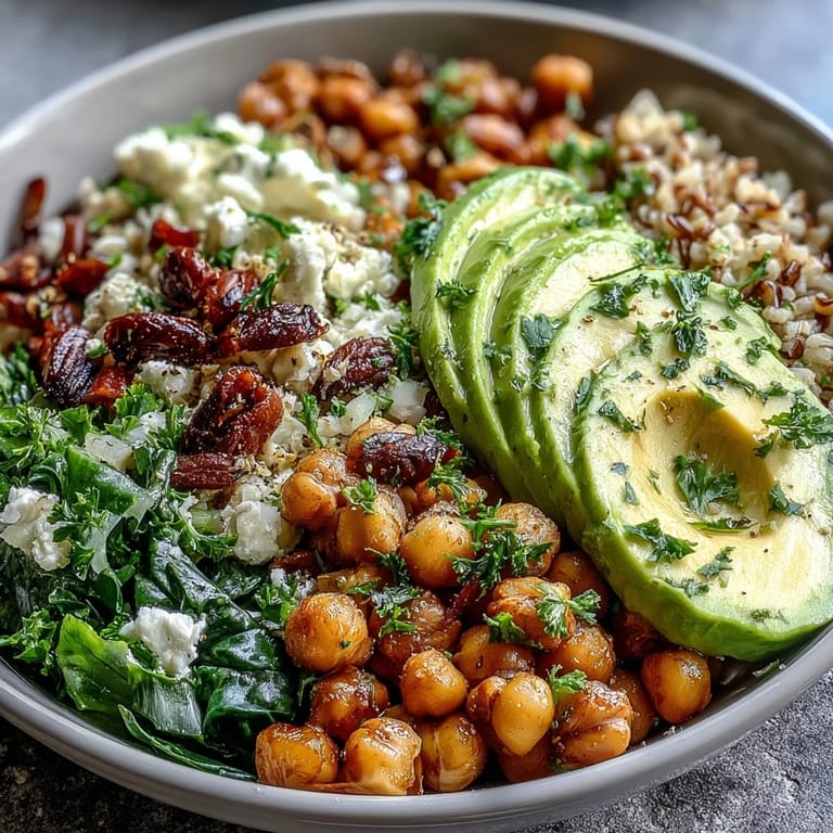 Delicious Ancient Grains Bowl with chickpeas and tahini dressing, a wholesome meal.