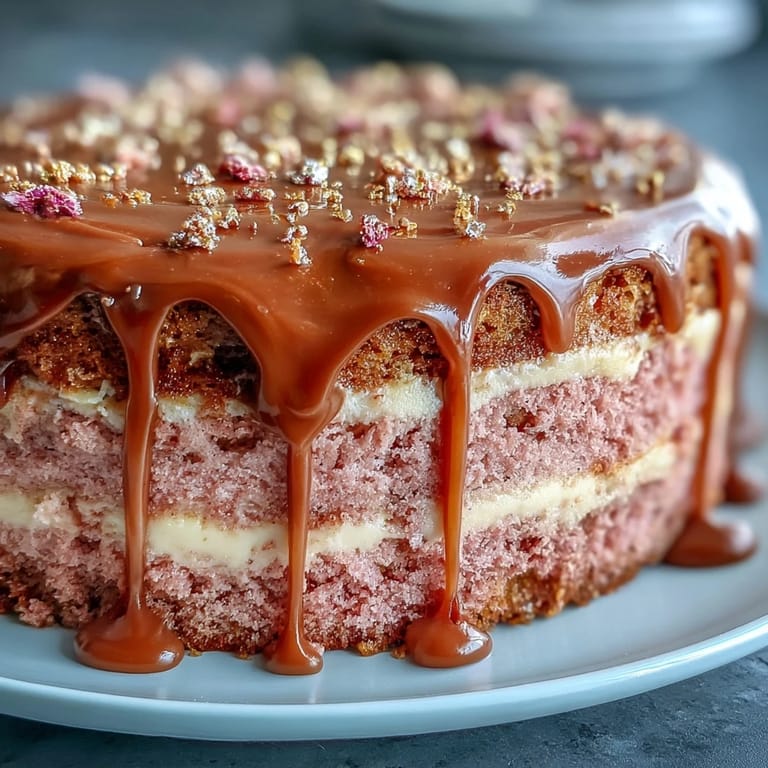Vibrant pink rosé velvet cake, adorned with a delicate gold drip for celebrations.