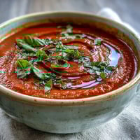 A steaming bowl of homemade Tomato and Basil Soup, garnished with fresh basil and an extra virgin olive oil drizzle, served beside a grilled cheese sandwich.