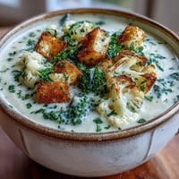 Creamy cauliflower and broccoli soup in a rustic bowl, topped with golden croutons and fresh parsley, perfect for a cozy dinner.
