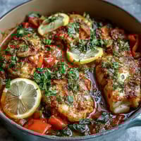 Close-up of Spiced Cod One Pot with flaky fish and a tomato-based sauce, topped with fresh cilantro and lemon wedges.