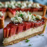 Close-up of the finished Rhubarb, White Chocolate, and Elderflower Tart with its pink roasted rhubarb topping and creamy white chocolate filling.