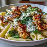 Tender Greek Chicken Feta Pasta Skillet simmering in a creamy yogurt sauce with fresh spinach.