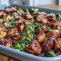 A colorful sheet pan dinner with juicy teriyaki chicken and roasted broccoli served over fluffy brown rice, garnished with sesame seeds.  