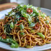 Vibrant Asian ginger scallion noodles tossed with sautéed greens in a savory, aromatic sauce.  