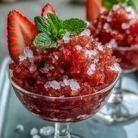 A vibrant strawberry lime daiquiri granita served in elegant dessert cups with fresh mint garnish.  