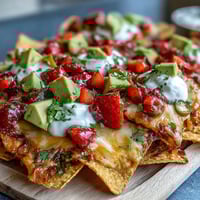 A vibrant Summer Party Nacho Board with strawberry salsa, loaded with melted cheese and fresh toppings, perfect for sharing.  
