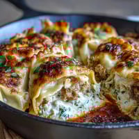 Hearty dumpling lasagna skillet layered with ground turkey, cabbage, and cheese in a rich tomato sauce.  