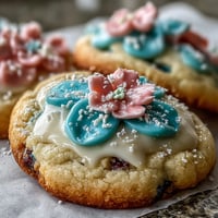 Delicate flower-shaped cookies decorated with soft pastel icing for a baby shower dessert spread.