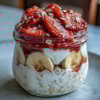 Creamy overnight oats with chia seeds, fresh strawberries, and ripe banana slices for a nutritious breakfast.  